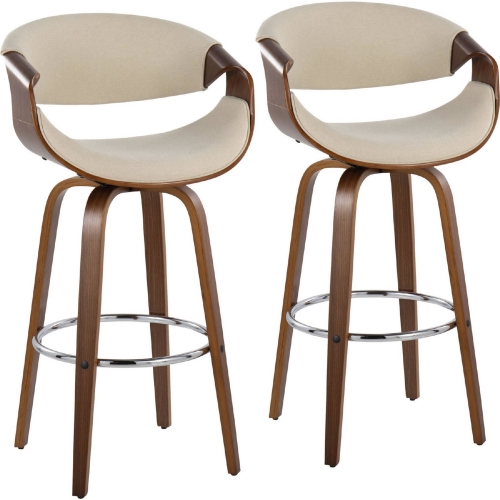 Curvini 30" Swivel Bar Stool in Walnut Wood & Cream Fabric (Set of 2)